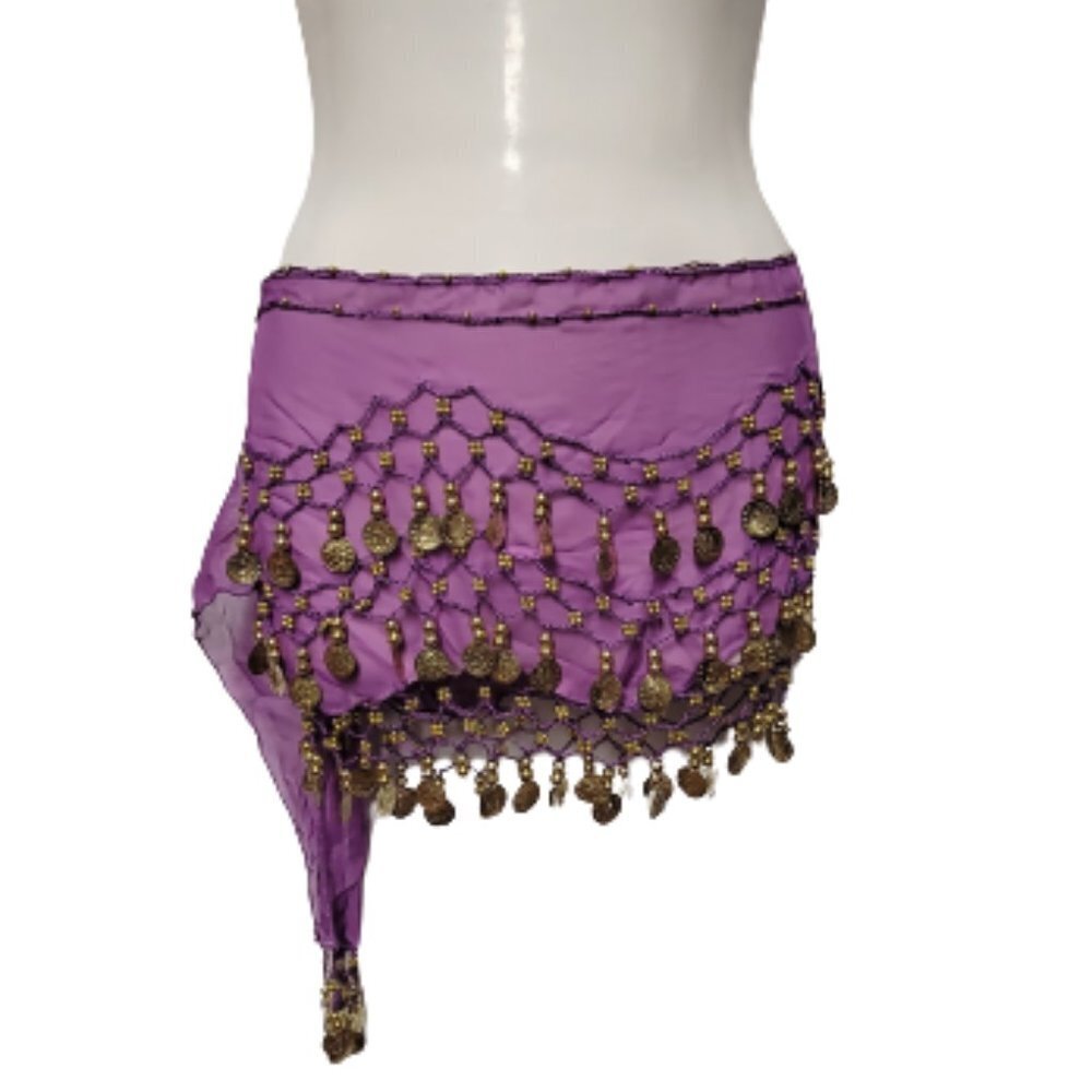 Purple Belly Dance Skirt Scarf, HipScarf with Crocheted Gold Beads Coins - Picture 2 of 5